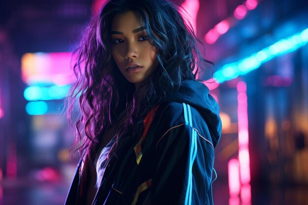 a girl with long hair stands in front of a colorful light.