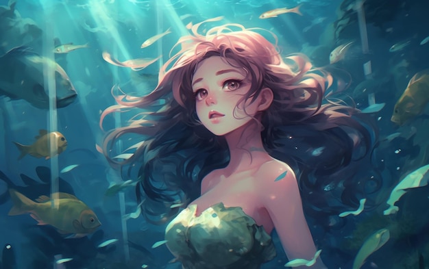 A girl with long hair swims under water Anime style wallpaper