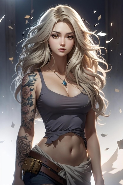 a girl with long hair and a tattoo on her right arm