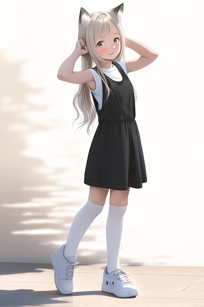 A girl with long hair wearing a black dress and white socks