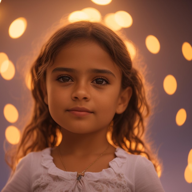 A girl with long hair and a white shirt is standing in front of a purple background with lights