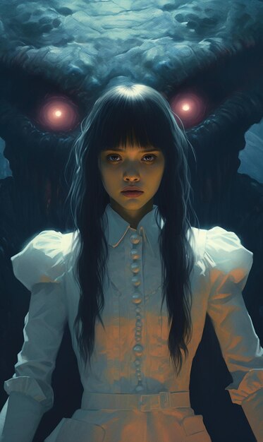 A girl with long hair and a white shirt stands in front of a dark background with a monster face.