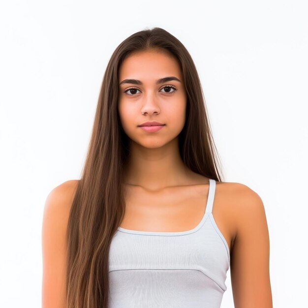 Photo a girl with long hair and a white tank top is standing against a white background.