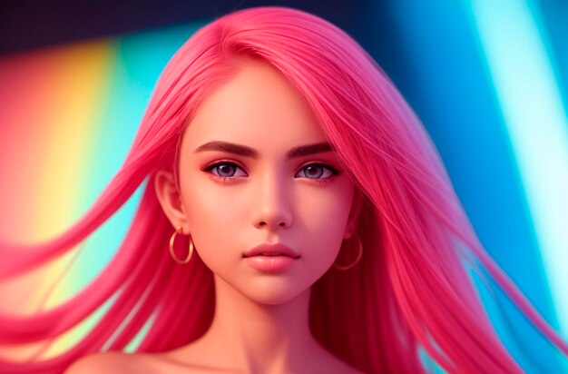 긴 분홍색 머리와 화려한 배경을 가진 귀에 귀걸이를 한 소녀가 카메라를 보고 있습니다. Generative AI