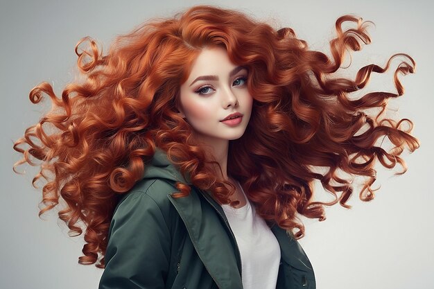 Photo girl with long red curly hair