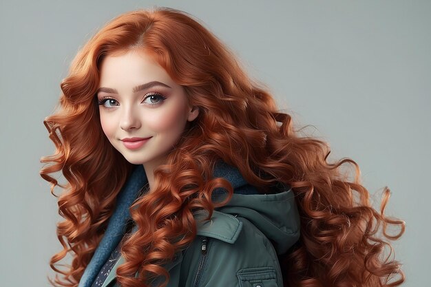 Photo girl with long red curly hair