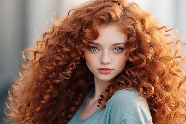 Photo girl with long red curly hair