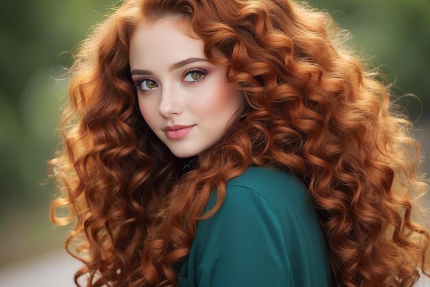 Photo girl with long red curly hair