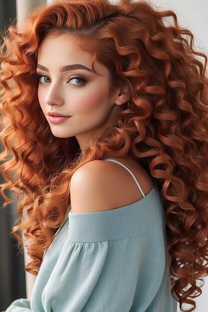 Photo girl with long red curly hair