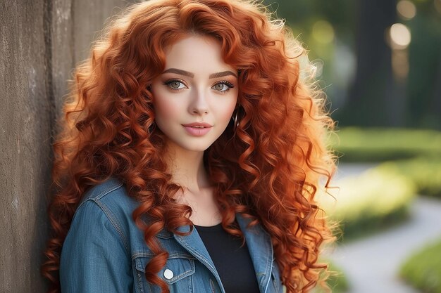 Photo girl with long red curly hair