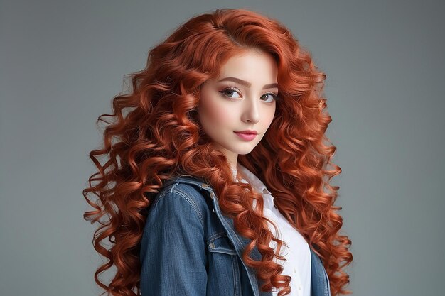 Photo girl with long red curly hair