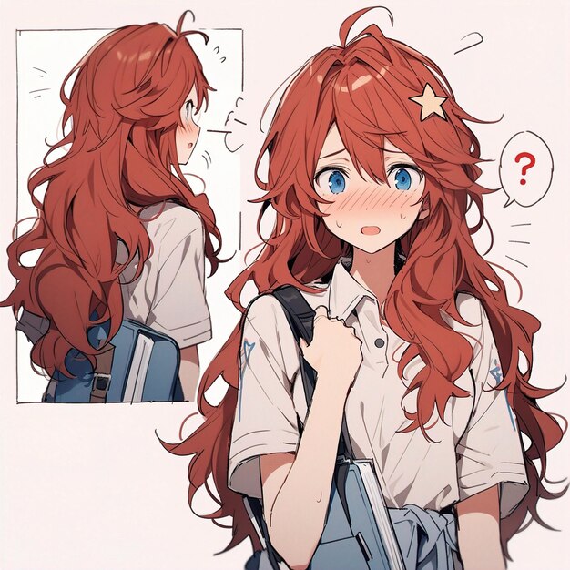 a girl with long red hair and a blue shirt has a star on her chest.