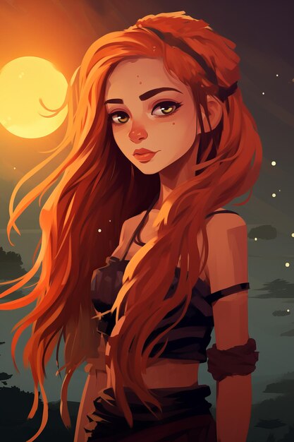 A girl with long red hair standing in front of a full moon