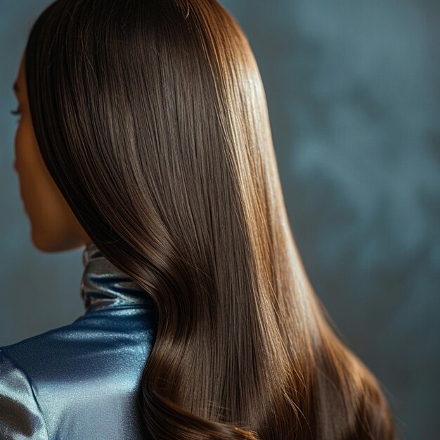 a girl with long straight smooth shiny hair stands with her back brunette brownhaired