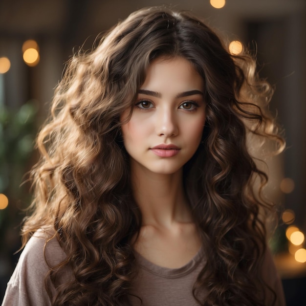 girl with long wavy brown hair whith a pony tail and small brown eyes