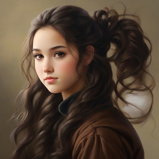 girl with long wavy brown hair whith a pony tail and small brown eyes