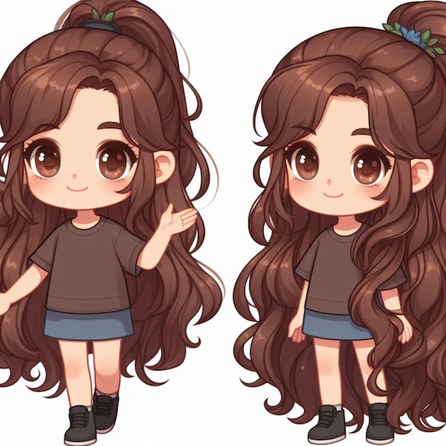 girl with long wavy brown hair whith a pony tail and small brown eyes