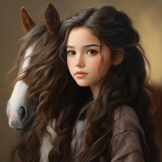 girl with long wavy brown hair whith a pony tail and small brown eyes