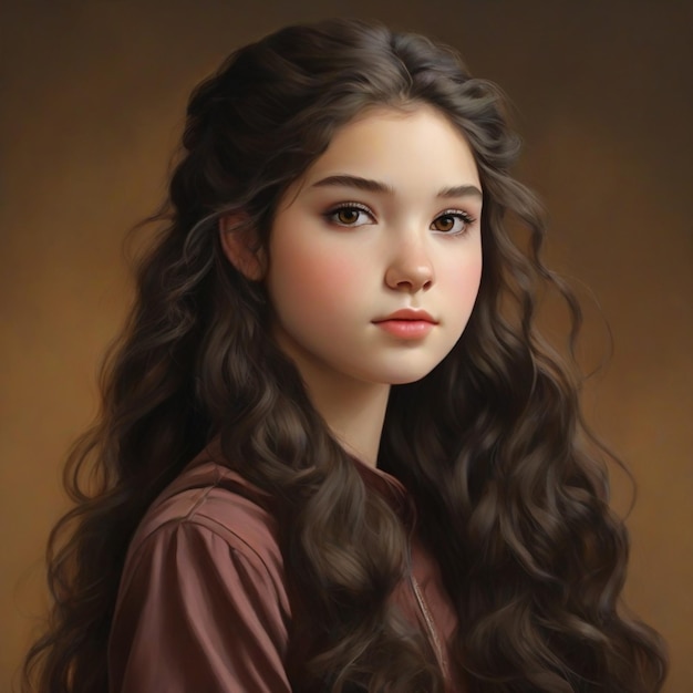 Девушка с длинными волнистыми коричневыми волосами с пони-хвостом и маленькими коричневыми глазами