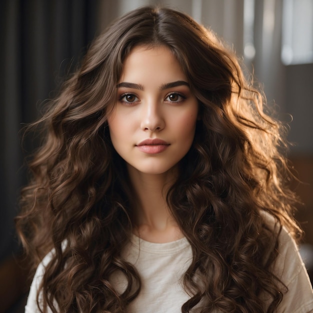 girl with long wavy brown hair whith a pony tail and small brown eyes