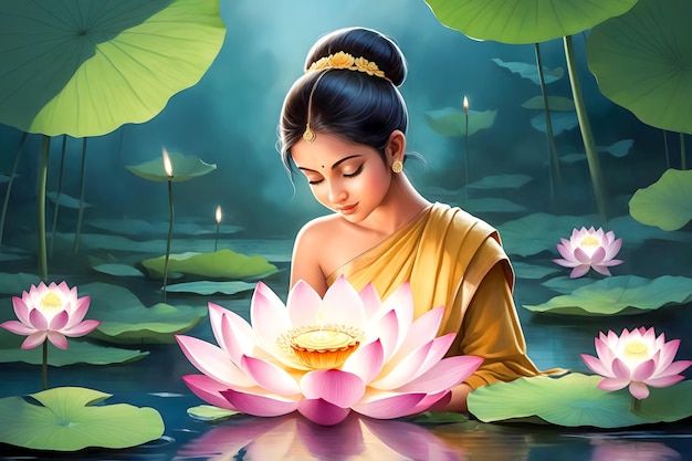 Foto una ragazza con un fiore di loto nell'acqua durante il mese sacro di vesak poya nel buddismo