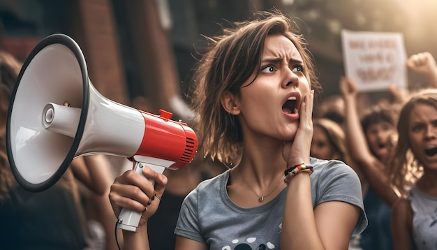 Foto ragazza con megafono forte con segni femminili