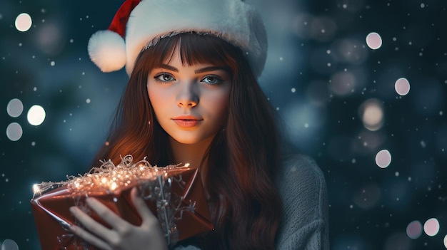 Girl with magic Christmas box Illustration AI Generative