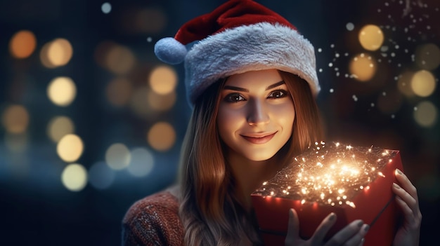 Girl with magic Christmas box Illustration AI Generative