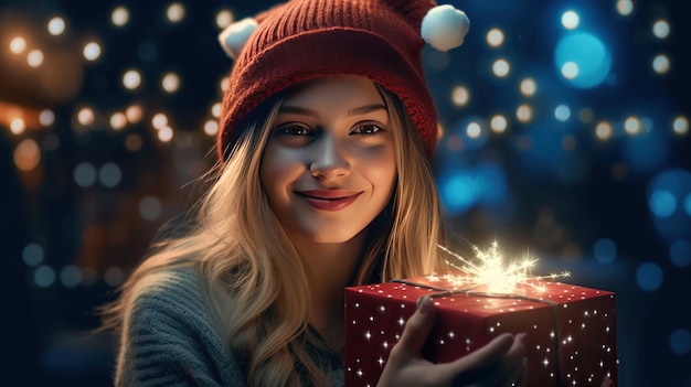 Girl with magic Christmas box Illustration AI Generative