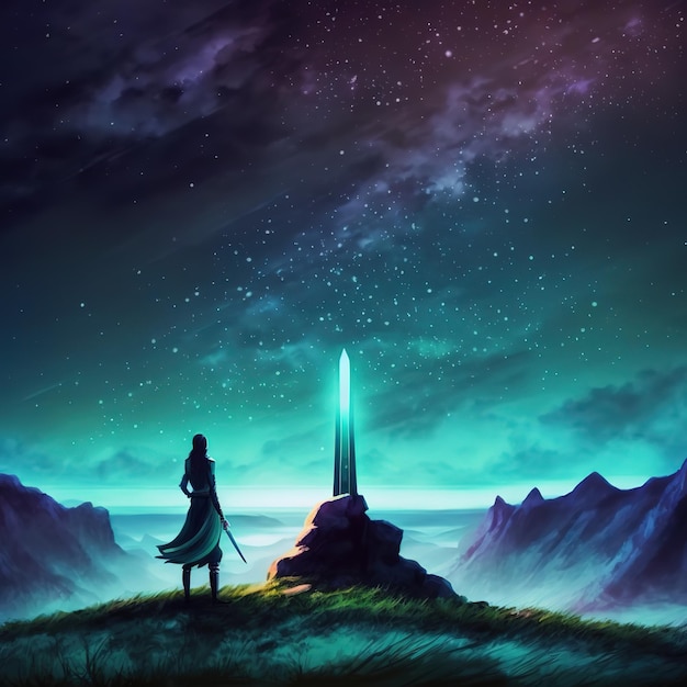 A girl with a magic sword under the night sky