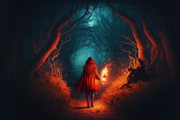 환상의 나무 산에서 길을 걷는 마법의 횃불을 가진 소녀 판타지 개념 그림 그림 생성 AI