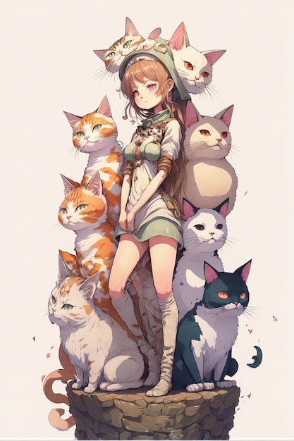 A girl with many cats on her shoulders