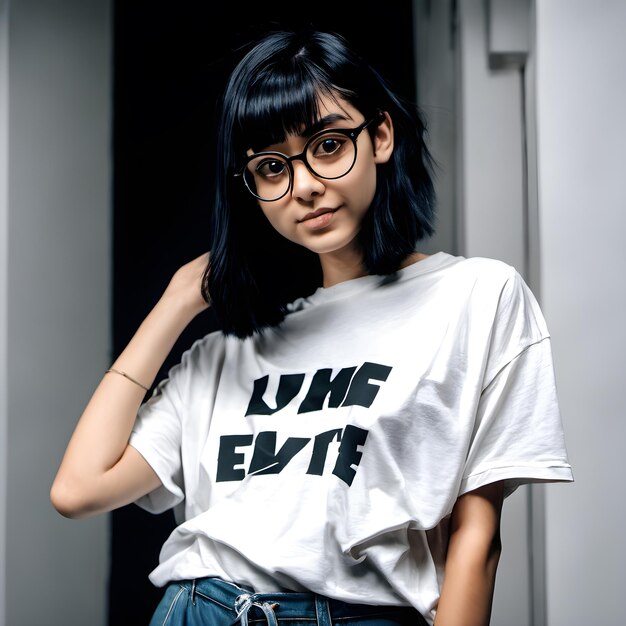 girl with medium hair with glasses and an oversized tshirt
