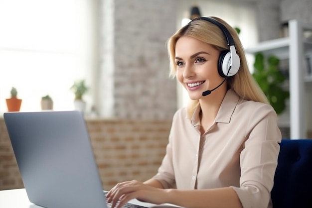 A girl with a microphone and headphones consults clients from the office