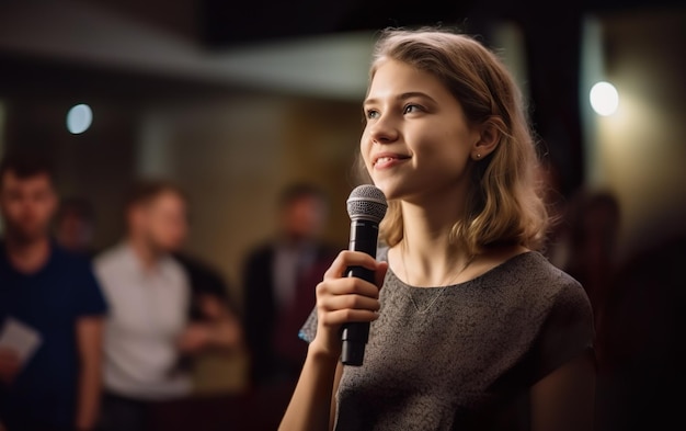 A girl with a microphone stands in front of a crowd.