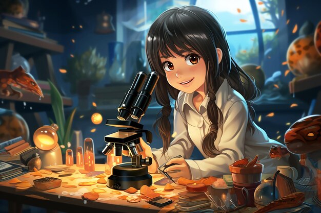 A girl with a microscope in a lab