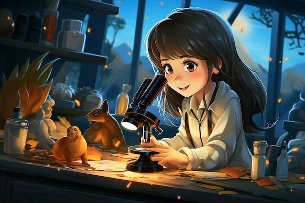 A girl with a microscope in a laboratory.