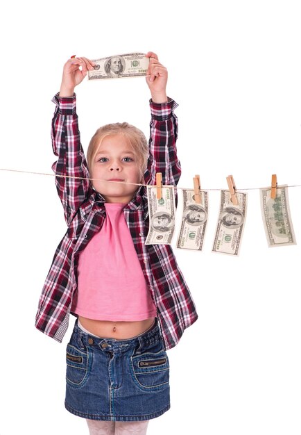 Girl with money Girl hangs on the money on the rope on a white background