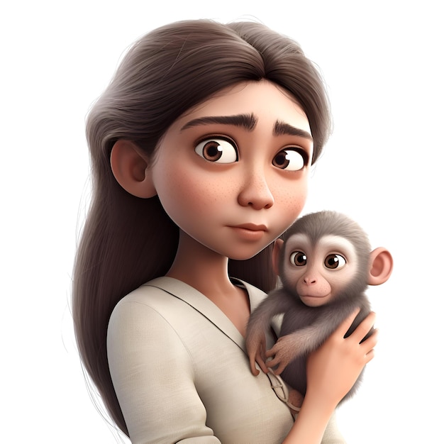 Girl with a monkey on a white background 3d rendering