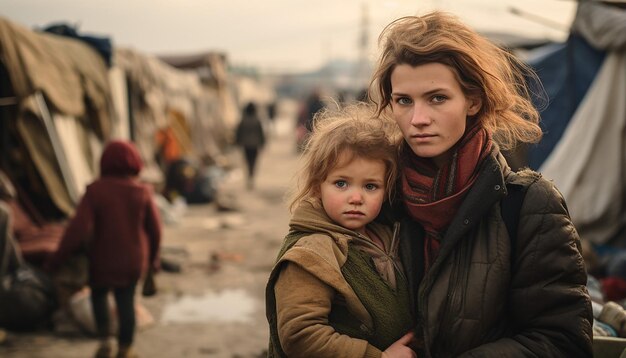 Foto la ragazza con la madre guarda nella telecamera sono una primavera di rifugiati