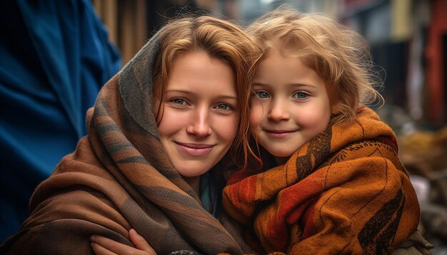 Foto la ragazza con la madre guarda nella telecamera sono una primavera di rifugiati