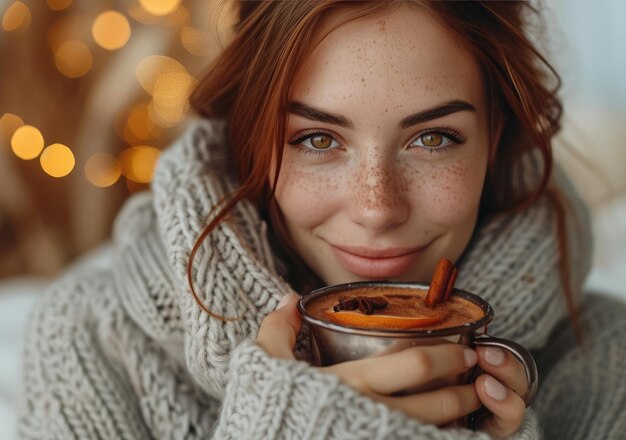 A girl with a mug of mulled wine in her hands Winter evening