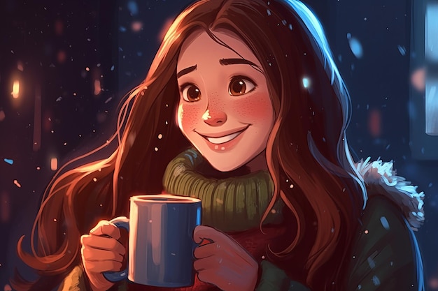 A girl with a mug of tea in winter