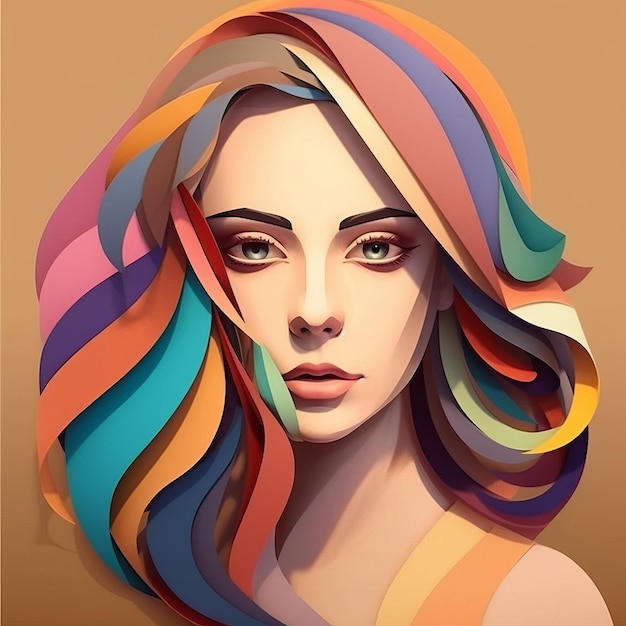 Девушка с разноцветными волосами в бумажном стиле Generative AI