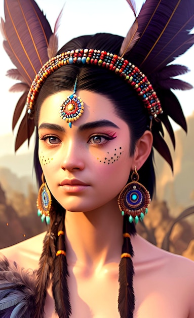 A girl with a native american headdress and a colorful feather headdress.