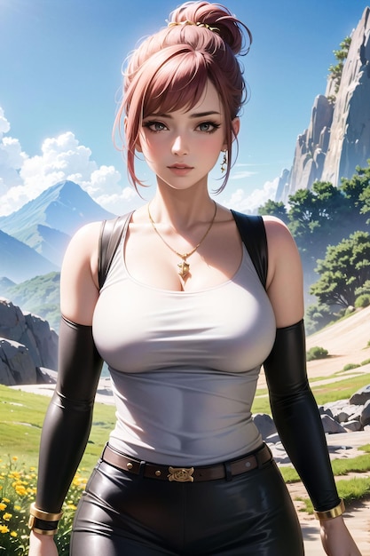 a girl with a necklace on her neck stands in a field of grass