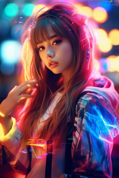 A girl with a neon light on her hoodie