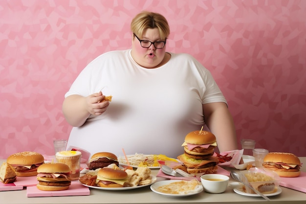 Foto ragazza con problemi di obesità le persone amano mangiare troppo fast food concetto di stile di vita non sano