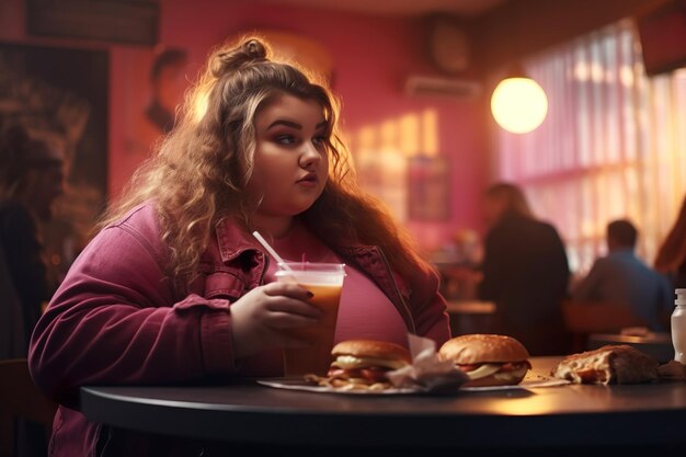 Girl with obesity problems People love to overeat fast food Unhealthy lifestyle concept