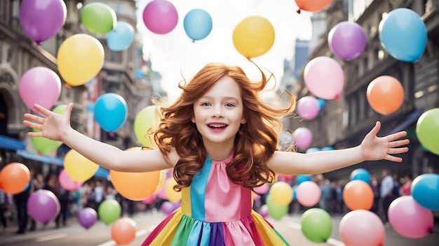 Girl with open arms and balloons